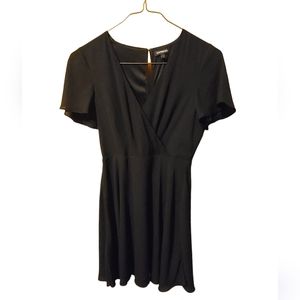 Black Surplice Flutter Sleeve Fit & Flare Dress by Express